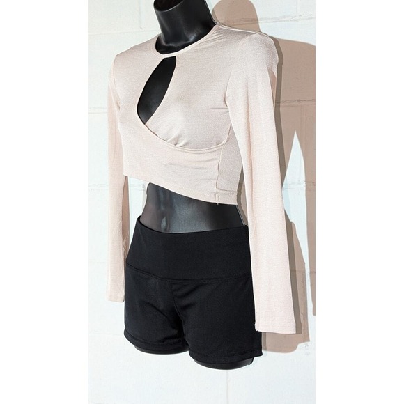 Pink Long Sleeve Crop Top Keyhole Cutout Wrap Front Shirt Blouse Small - Picture 2 of 3